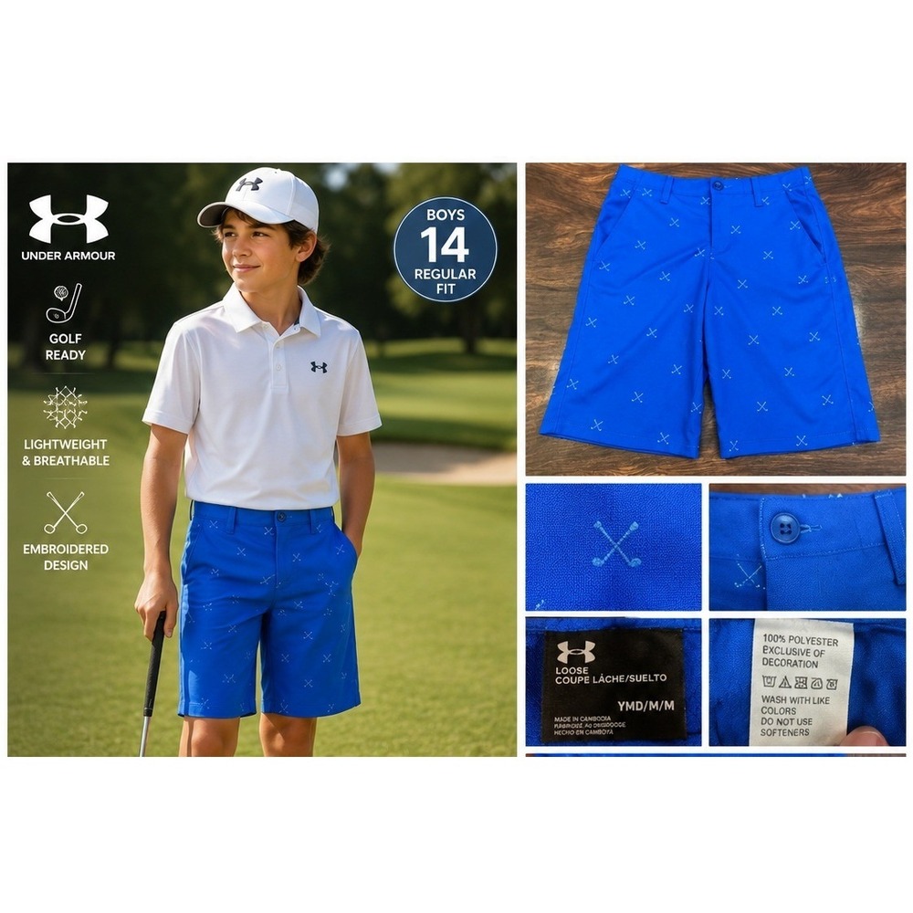 Under Armour Boys Golf Shorts Size 14 Blue Embroidered Golf Clubs EUC